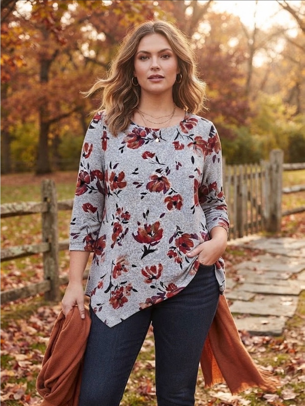 Zac & Rachel Asymmetrical Soft Blouse with Rust Florals Fall Fashion Sz1X